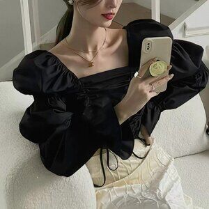Korean Designer Style Black Puff Sleeve Crop Top Square Neck